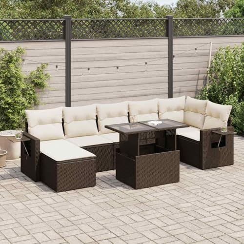 8-tlg. Gartensitzgarnitur mit Kissen, braun, Rattansofa PE, Stauraum wasserfeste Tasche, verstellbare Tischplatte, abnehmbare Kissenbezüge, Stahlrahmen