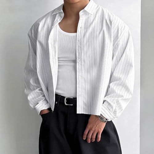 Herr långärmad randig beskuren skjorta koreansk stil vardaglig streetwear topp blus vit S-2XL