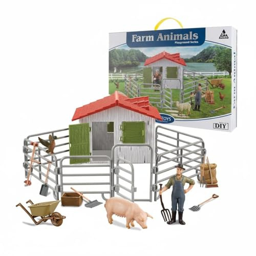 Qectial Figurines de Ferme Ensemble Animalier Maquette Barn Cheptel Miniature Plastique avec Grange Clôtures Outils pour Jeu d'Imagination et Apprentissage , Ferme Joyeuse - Ensemble A