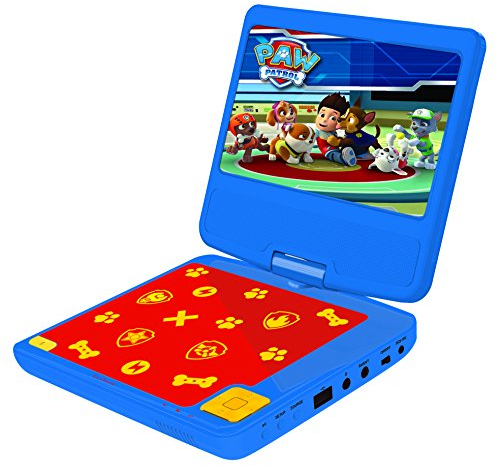 Lexibook, Paw Patrol, Tragbarer DVD-Player, 7“ drehbarer Bildschirm für Kinder, Fernbedienung, Kfz-Ladegerät, USB-Anschluss, wiederaufladbare Batterie, blau/rot, DVDP6PA
