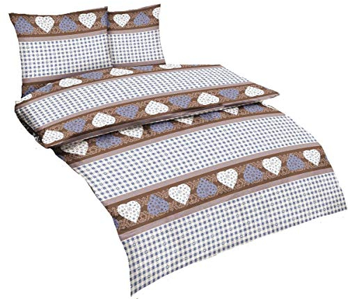 3tlg Winter Bettwäsche Set Fleece Microfaser Landhaus Bauernhaus Karo Herz Übergröße 200 x 220 cm + 80 cm x 80 cm NEU Weiß Braun Blau Simone
