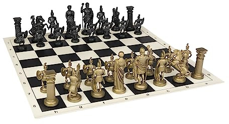 Roman Chess Set - Vinyl Chess Board Black/White- Size 17,3 + Roman Chess Pieces 3,75 Black/Gold