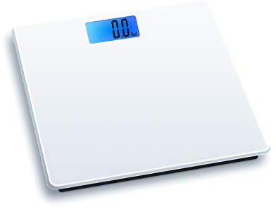 HomeFashion 28x28 cm Plattform Digitale Personenwaage Waage Personen körperwaage 180 kg Display mit Hintergrundbeleuchtung Gewichtskontrolle Silber Weiß