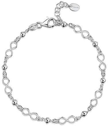 Amberta 925 Sterling Silver - 2.9 mm Bracelet for Women - Adjustable Rolo Beaded Ball Bracelet Chain - Infinity Love Knot Charms - Length 7 to 8 in / 17 to 20 cm