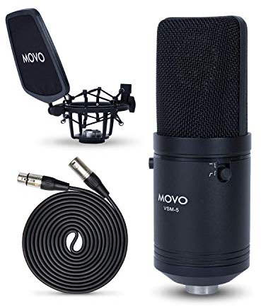 Movo VSM-5 Microfono a condensatore cardioide da studio XLR con attacco a scossa, filtro pop e cavo XLR, microfono ideale per voce, podcasting, streaming, trasmissione, ASMR e altro ancora