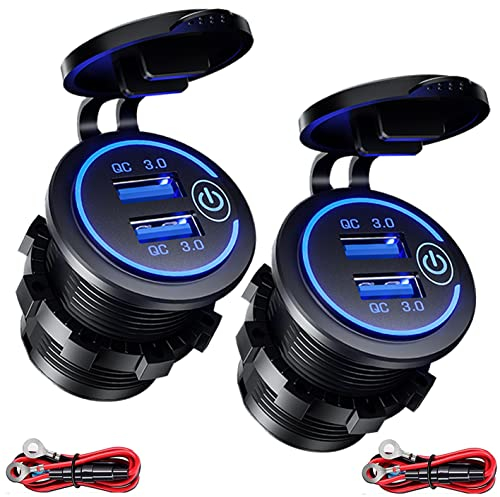 (2 Stück) Intckwan 2-Port USB Ladegerät für Auto, QC 3.0 36W Schnellladung mit Schalter und Blau LED, wasserdichte und Staubdicht für 12V~24V KFZ Boot Motorrad SUV Bus LKW Wohnwagen