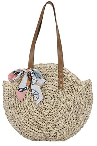 Stroh Strandtasche - Stroh Handtasche Damen Sommer Strandtasche Schultertasche Mit Ledergriffe Böhmische Schultertaschen Stroh Crossbody Tasche Vintage Runde Handgewebte Handtasche Für Reisen (Beige)