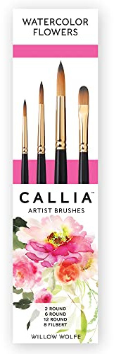 Willow Wolfe Callia Künstlerpinsel Aquarellblumen-Set, enthält 2, 6, 12 runde Pinsel und 8 Filbert, Synthetik, Natur