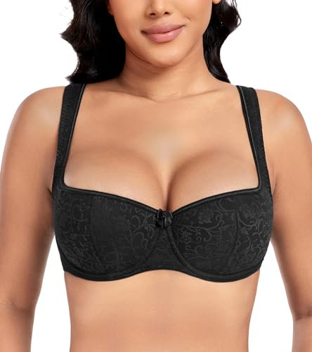 DotVol Women's Lightly Padded Balconette Bra Lace Demi Balcony Push Up Underwired Bralette(Black#1,34D)