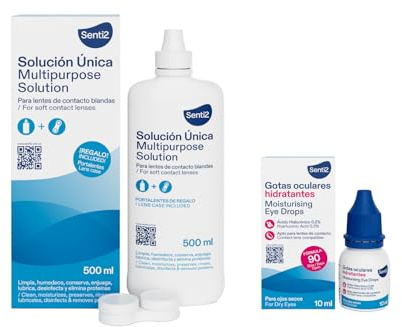 Senti2 Solución Única para Lentes de Contacto Blandas - 500 ml, 1 & Gotas Hidratantes para ojos secos - 10 ml