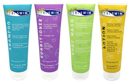 TRISWIM Kids After Swim Value Pack of 4 Travel Mesh Bag + Swim Care Chlorine Removal Body Wash + Swimming Lotion + Swim Shampoo and Conditioner 8.5 fl oz Keep your Little Swimmers Clean and Healthy