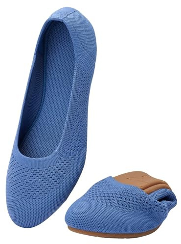 Puxowe Ballerine Femme Rond Tricot Pointe Chaussures Plates Confort Cale Bas Slip on Walking Robe Chaussures pour Femmes Doux 39 EU Bleu Ciel