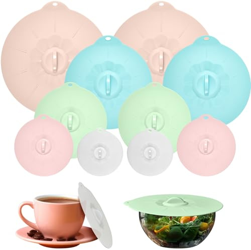 FoldTier 10 Pcs 5 Sizes Silicone Lids Microwave Cover for Food Splatter Proof Reusable Bowl Covers Heat Resistant Suction Lids for Cups, Bowls, Plates, Pots, Pans, Fridge, Oven Safe Storage, 5 Colors