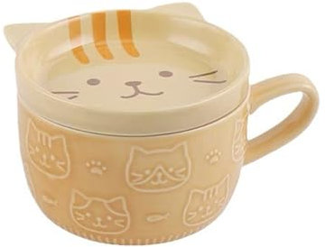 Soulnioi Ceramic Coffee Mug, Cute Cat Cappuccino Cup with Saucer, 330ML Breakfast Oatmeal Cup Creative Tea Milk Cup for Gift - Yellow