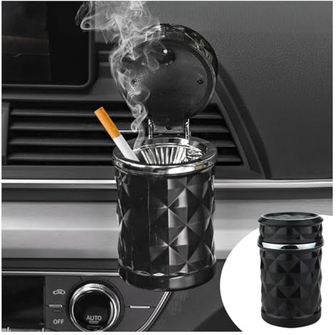 Portable Car Ashtray with Lid, Detachable Smokeless Self-Extinguishing Cigarette Ashtray, Mini Vehicle Trash Can Auto Ashtray with LED Blue Light for Car Air Vent Cup Holder Home Office (Black)