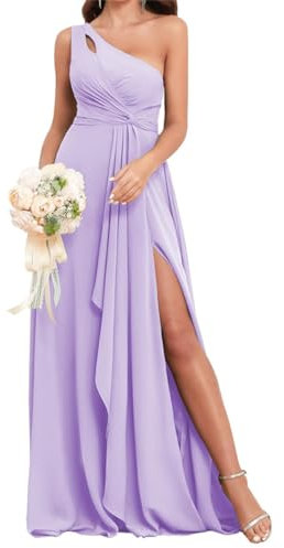 WSEYU Vestido de Dama de Honor con un Hombro Descubierto, Largo de Gasa con Volantes, Vestido de Fiesta Formal para Boda, Lila, 56