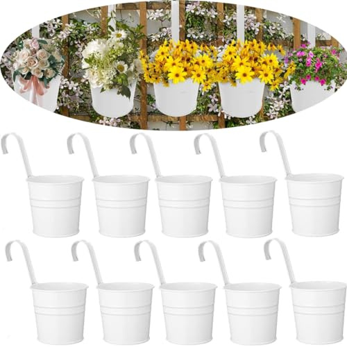 Aeetial Set of 10 Metal Hanging Flower Pots with Detachable Hook Balcony Flower Bucket Wall Planter Garden Home Ornaments Home Decor (White)