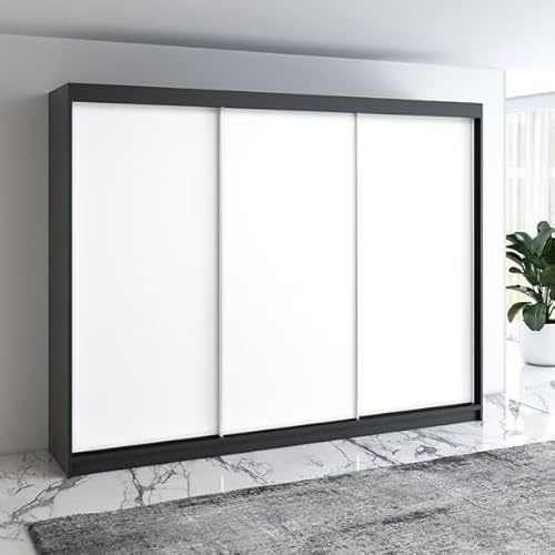 A&J MöbelLand Mero Schwebetürenschrank 200 cm, Kleiderschrank 3-türig mit 4 Schubladen (Schwarz/Weiß)