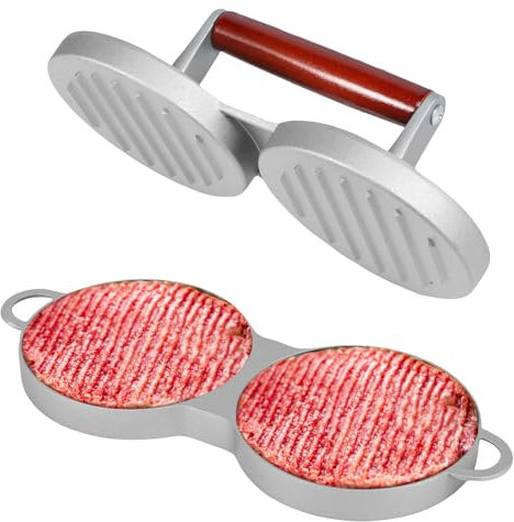 Sutowe Doppelte Burgerpresse aus Aluminiumlegierung, Hamburgerpresse mit Holzgriff, antihaftbeschichtet, für Küche, Grill, Grill, Grill, Grill, Grill,
