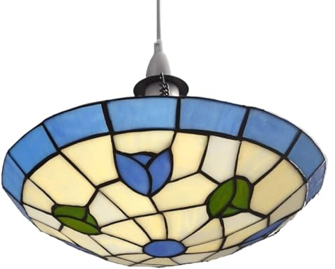 Stained Glass Easyfit Uplighter Pendant Lampshade, 30cm Tulip Design – Tiffany Style Ceiling Light Shade, Art Deco Vintage Lighting for Living Room, Bedroom, Hallway - Blue and Green