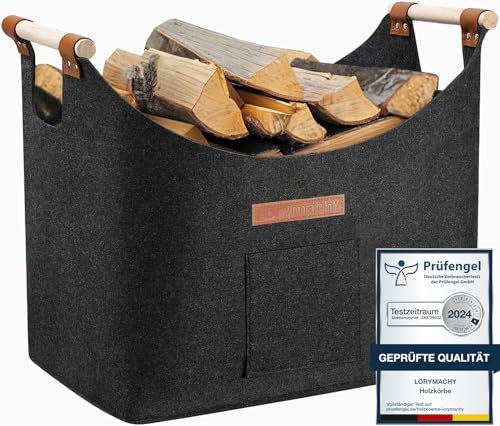 Log Baskets for Fireplaces - 55 L Wood Baskets Made of Thickened Felt, XXL Log Baskets for Wood Burner Indoor with Extended & Thicker Handles, Foldable Fire Basket for Firewood, Vegetables (Dark Gray)