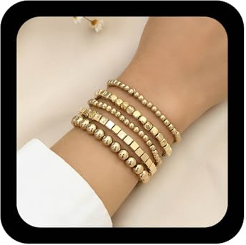 Wendalern Gold Beaded Bracelets Set Stacking Cube Bead Chain Bracelets Stretchy Strings Round Beads Bracelets Bead Ball Link Chain Bracelets Handmade Elastic Hand Jewelry for Women