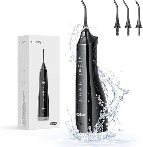 Apiker Irrigador Bucal Portatil 310ML,Irrigador Dental Portatilcon 2 Boquillas,Irrigador Dental Profesional 4 Modos,Recargable Irrigador limpiador Dientes IPX7 Impermeable