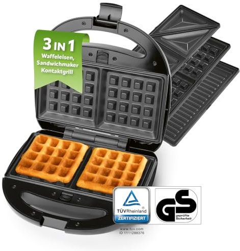 GOURMETmaxx Waffeleisen 3 in 1 | Waffelautomat, Sandwichmaker, Kontaktgrill | Multifunktionsgerät mit abnehmbaren Platten, Antihaftbeschichtung, Cool-Touch Griff und Kontrollleuchte | 800 W
