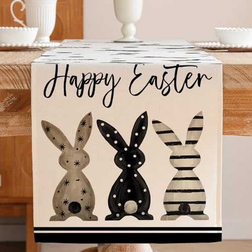 Jayusaror Ostern Tischläufer DREI Häschen Frühling Schwarz Saisonnal Waschbarer Modern Kleine Tischdecke Tisch Läufer für Kaffee Esszimmer Kommode Beistelltisch Schlafzimmer Party Deko 40 x 140 cm