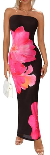 PRETTYGARDEN Women Summer Strapless Maxi Dress Bodycon Floral Sexy Long Wedding Guest Dress Formal Tube Mesh Cocktail Dresses(Black Pink Flower,Medium)