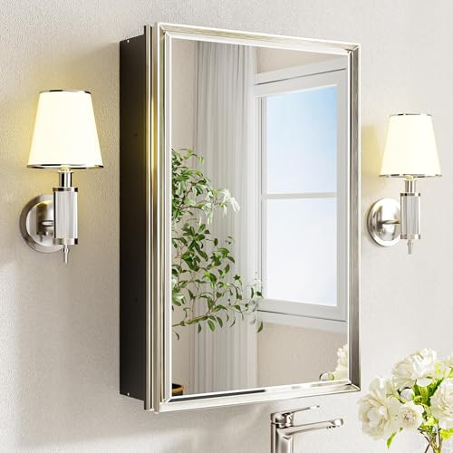 QueenFun Pre-Assembled Surface or Recessed Medicine Cabinet Mirror-16x24 Brushed Nickel Bathroom Medicine Cabinet with Mirror & Rustproof Aluminum Frame, Beveled Bathroom Vanity Mirror with Storage