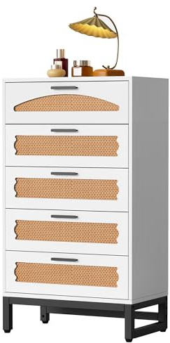 Mericonia Kommode mit 5 geräumigen Ablagefächern Rattan-Kommode mit stabilen Griffen und Beinen Moderne Kommode für Schlafzimmer, Wohnzimmer und Flur, weiß