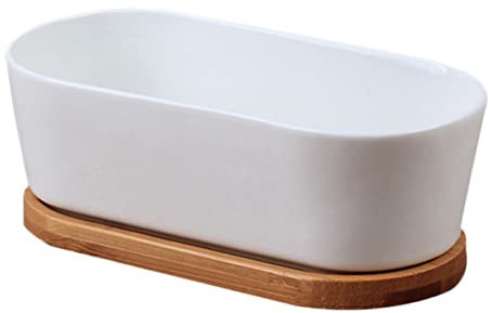SUPVOX 2piezas Macetas De Cerámica para Suculentas Bonsái y Cactus Diseño Rectangular Plato De Bambú