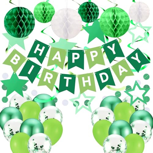 Green Party Decorations Bunting Set, Happy Birthday Banner with Hanging Swirls Stars, Balloons, Honeycomb Balls, Circle Dots Garland for Women Men