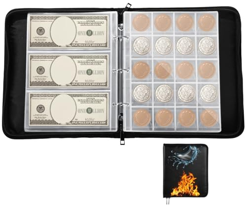 516-Pocket Fireproof Coin Folder, Zipper Closure Hard Shell for Coin & Banknote Storage Ideal for Coin Collectors and Banknote Enthusiasts