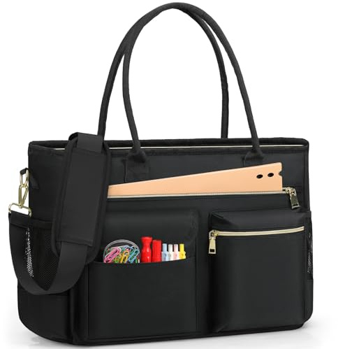 RAINSMORE Bärbar väska 15,6 tum stor kvinnlig lärarväska med isolerade fack arbetsväska för sjuksköterska kontor universitet shopper, svart, 42 x 32 x 15 cm