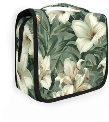 Trousse de maquillage vintage avec crochet de suspension extensible pour homme Motif fleurs de lys Blanc