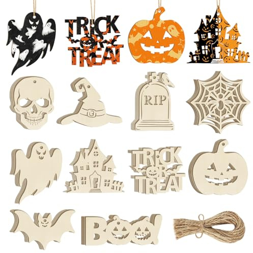 Halloween Holz Deko Basteln,50 Stücke Basteln Kinder,DIY Holzanhänger zum Bemalen,Kürbis Fledermaus Skelett Holz Anhänger für Halloween Basteln