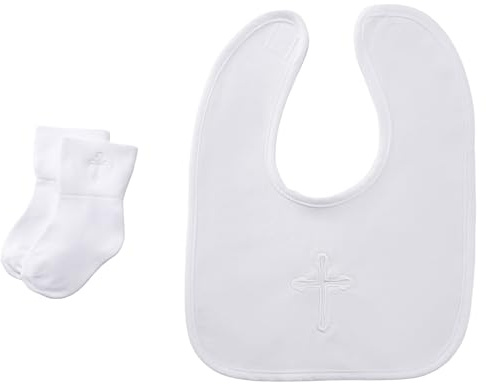 Infant Baby Boys and Girls Christening Baptism Outfits Embroidered Cross White Bib with Socks,Baptism Christening Dresses for Boys and Girls,Vestidos De Bautizo Para Niña Niño