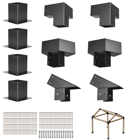 VEVOR Pergola Kit, 4x4 Inch Pointed-Roof Pergola Brackets for 3.5x3.5 in Lumbers in Actual Size, 3-Way / 4-Way Gazebo Bracket with Post Bases & Ridge Brackets for Outdoor Pergolas Gazebo Shed, 14 Pcs