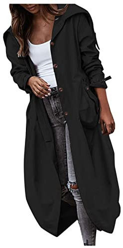 MODSGUE Gabardina para mujer, elegante, monocolor, chaqueta resistente al viento, abrigo de manga larga, con capucha, holgado, informal, chaqueta de entretiempo, chaqueta larga clásica, abrigo de