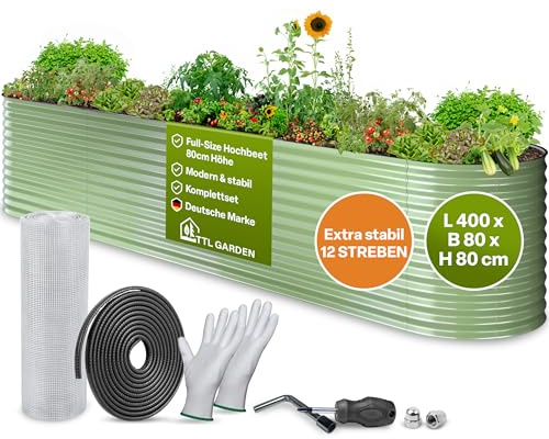 TTL GARDEN 400x80x80cm Nature XXL Metall Hochbeet Salbeigrün Stahl verzinkt | - Rostfrei verzinkt lackiert Wellblech oval 80cm hoch sehr stabil Garten Beet für Gemüse Kräuter Blumen Gartenbeet Gemüsebeet