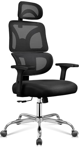 DEVAISE Silla de Oficina Ergonómica, Reposacabezas 3D y Reposabrazos 3D de Rebote, Inclinación 90°-135°, Malla Transpirable, Soporte hasta 180 kg, Altura Ajustable para Oficina, Negro