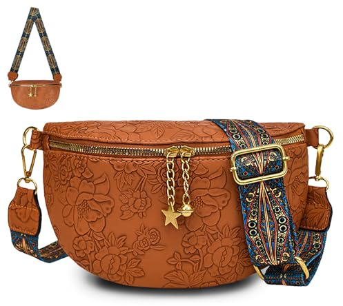 AUNGKWANG Bauchtasche Damen Leder, Bauchtasche Damen Braun mit Verstellbarer Schultergurt, Crossbody Bag, Umhängetasche, Stylische Hüfttasche, Handtasche, Frauen