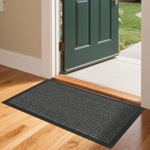 Bonnlo Front Door Mat, Washable Non-Slip Backing Entry Mat Low Profile Doormat, Absorbent Muddy Dirt Resist Welcome Floor Mats for Indoor Outdoor Entrance Porch - 90x60 CM, Grey