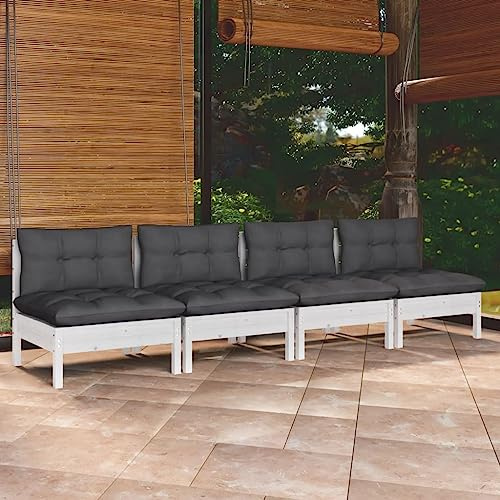 QJBSAVVA 4-Sitzer Gartensofa aus massivem Kiefernholz 63,5 cm mit anthrazit Kissen Modulare Outdoor Lounge für Balkon Terrasse Garten Kleiner Räume