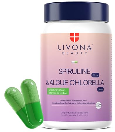 LIVONA BEAUTY Complexe DETOX 120 gélules : Spiruline 100 mg + Algue Chlorella 100mg + Calcium + Artichaut + Choline - Complément alimentaire Livona Beauty - sans gluten ni OGM ni allergènes | Vegan