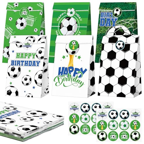 Elcoho 24 Stück Fußball-Partytüten mit Aufklebern, Fußball-Geschenktüten, Papiertüten mit Sportmotiv für Süßigkeiten, für Geburtstagsdekorationen, Babyparty und Partyzubehör