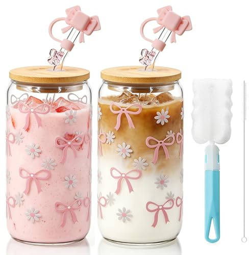 Ferenando Juego de 2 vasos con pajita y tapa con lazo, vasos de matcha de 500 ml, taza de café helado, vaso de vidrio de borosilicato para beber para Bubble Tea Latte Smoothie, Aesthetic Stuff Clean