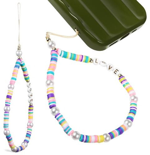 JHKNNK 2 Stück Handy Umhängeband aus Polymerclay mit Love Buchstaben und Bunten Perlen Leichtes Handgelenkschlaufe Lanyard als Handyanhänger und Zubehör für Handys Schlüsselbund
